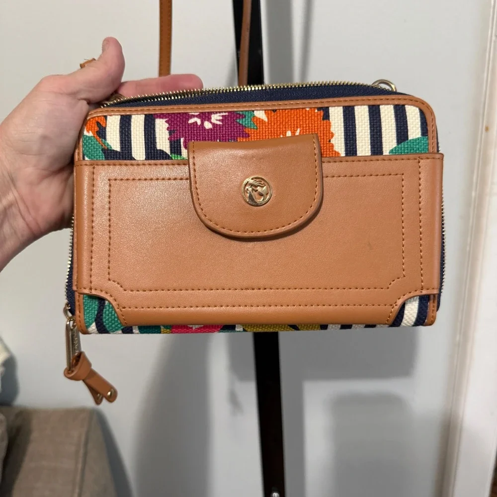 Spartina 449 Crossbody Wallet Floral Stripe Small Tan Good Canvas Mermaid Logo - Picture 3 of 12